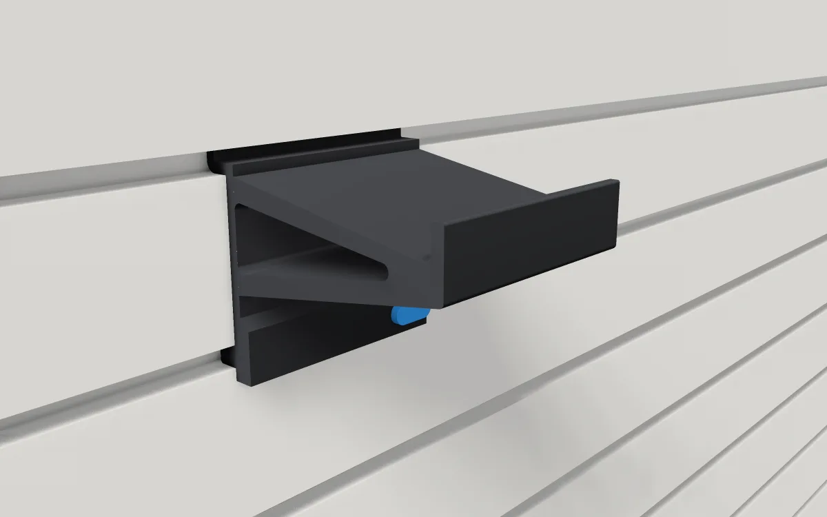 Angled paint-tin shelf · 4 in wide, 100 mm deep on a slatwall, 3D render