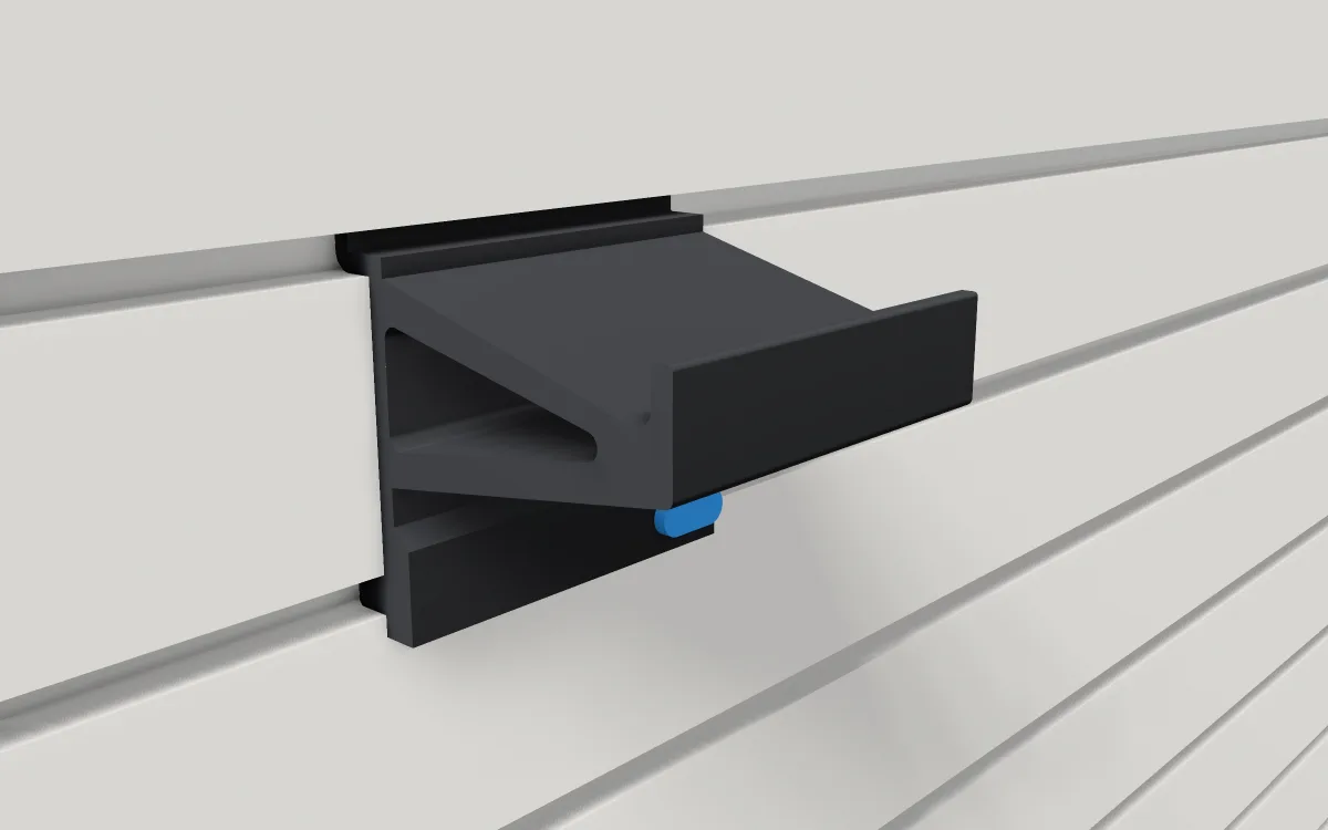 Angled spray-can shelf · 4 in wide, 80 mm deep on a slatwall, 3D render