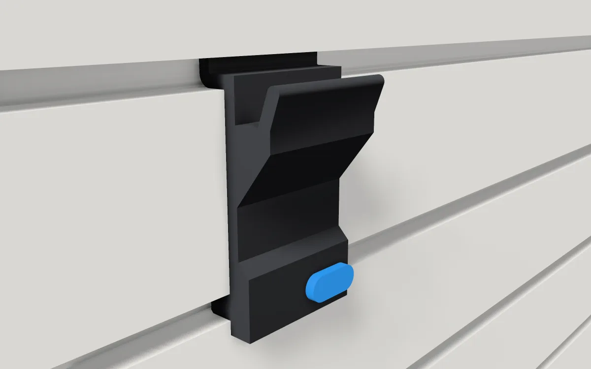 Bin hook · 2 in wide on a slatwall, 3D render