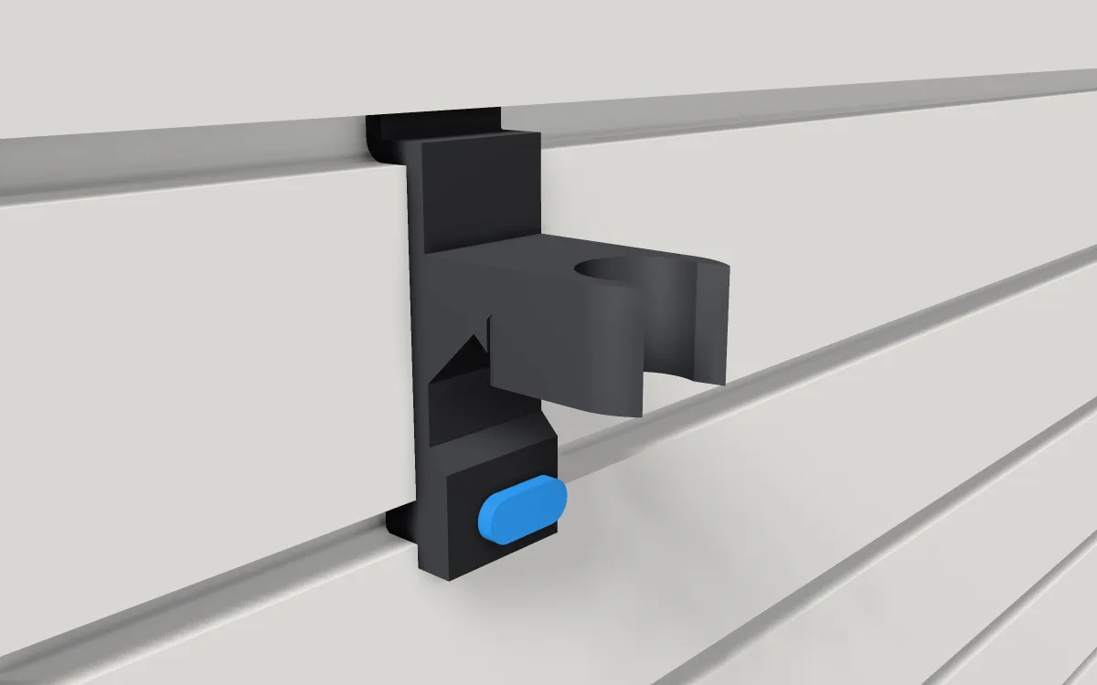 Broom & mop gripper · Broom handle 24 mm on a slatwall, 3D render