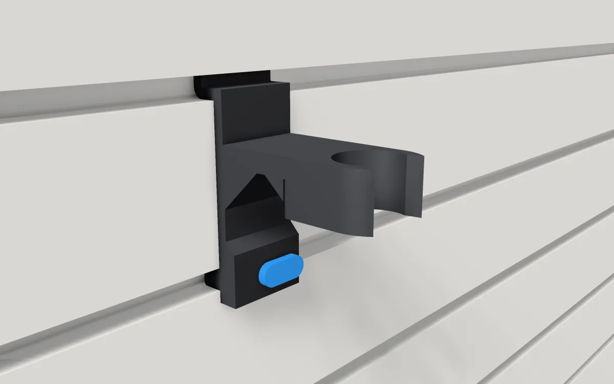 Broom & mop gripper · Push-broom handle 28.5 mm on a slatwall, 3D render