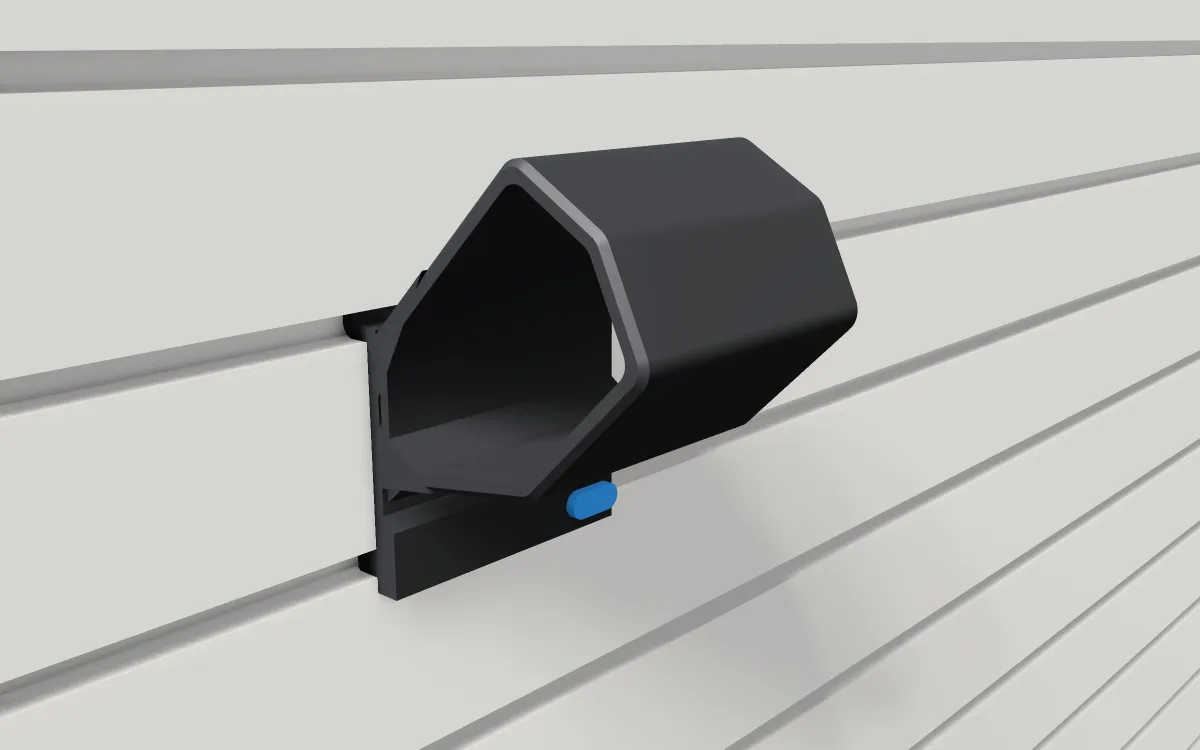 Cap holder · Stack of caps on a slatwall, 3D render