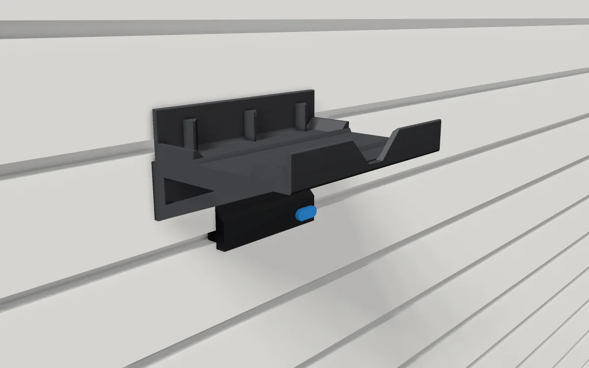 Power-tool charger tray · DeWalt 20 V DCB112 class on a slatwall, 3D render