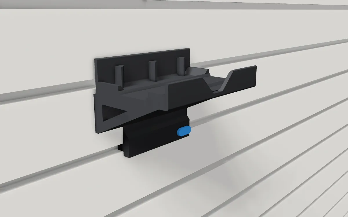 Power-tool charger tray · Milwaukee M12 class on a slatwall, 3D render