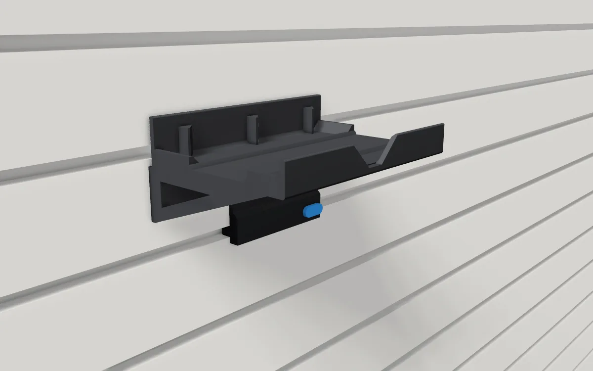 Power-tool charger tray · Ryobi 18 V P118 class on a slatwall, 3D render