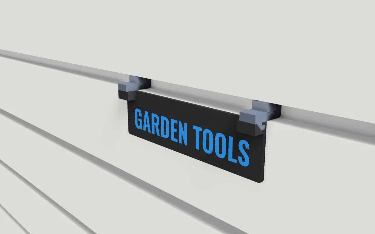 Clip label on a slatwall, 3D render