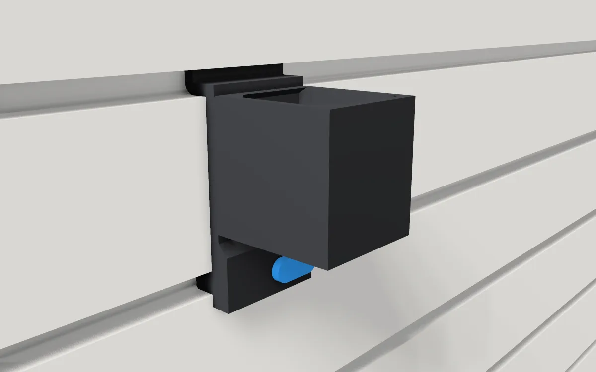 Small cube bin · Bit cup on a slatwall, 3D render