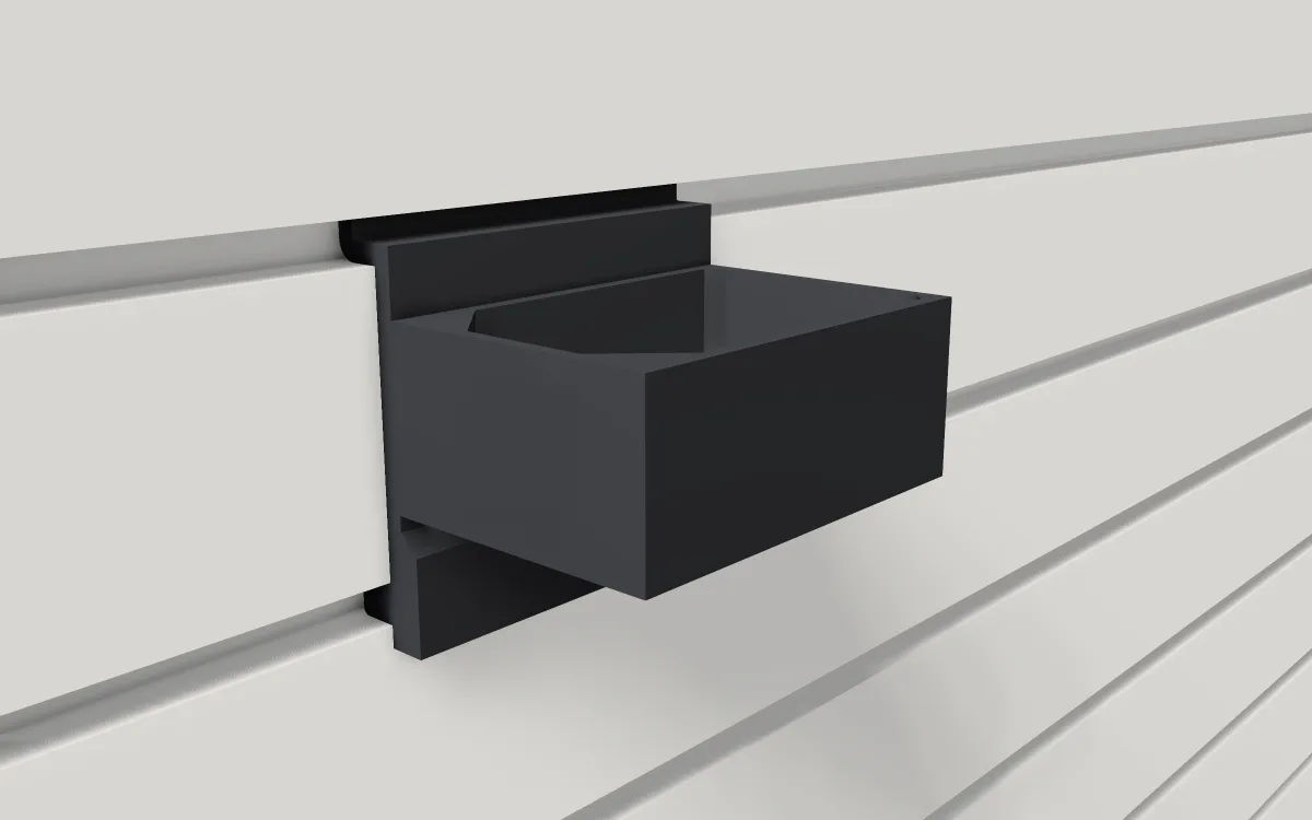 Small cube bin · Wide tray on a slatwall, 3D render