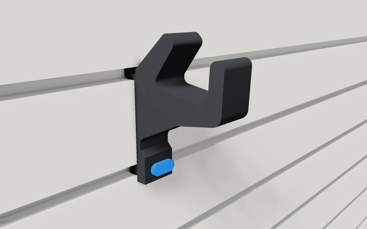 Double coat hook · Long coat on a slatwall, 3D render