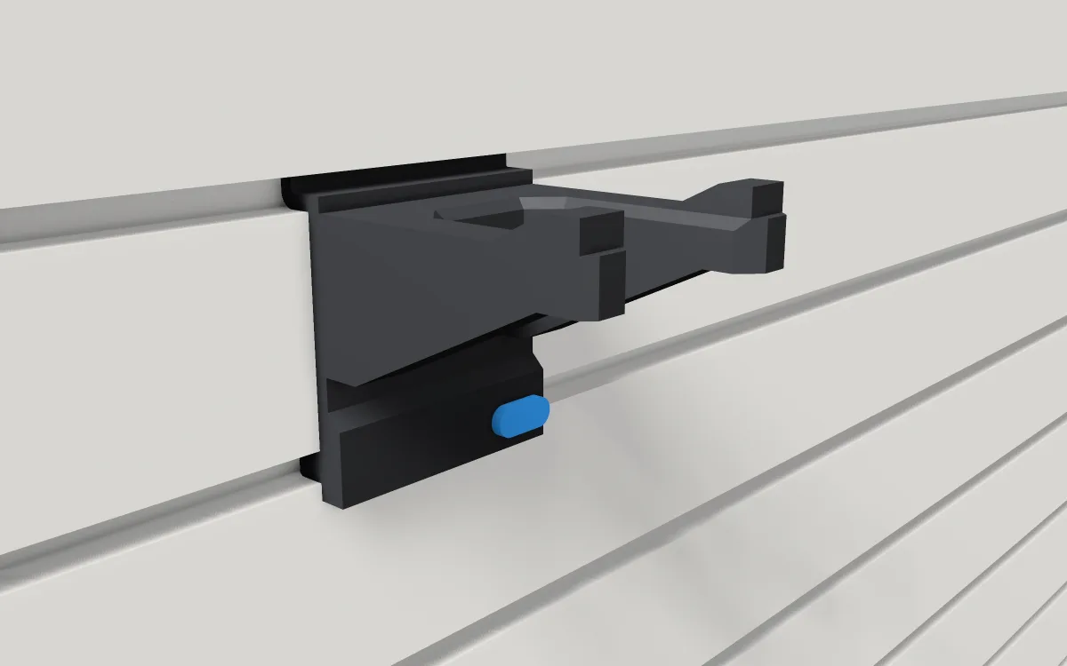 Drill holster · 18V to 20V drill driver on a slatwall, 3D render