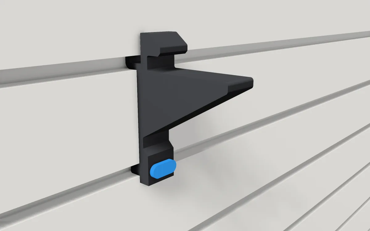 Glass-shelf rest · 8 mm glass on a slatwall, 3D render