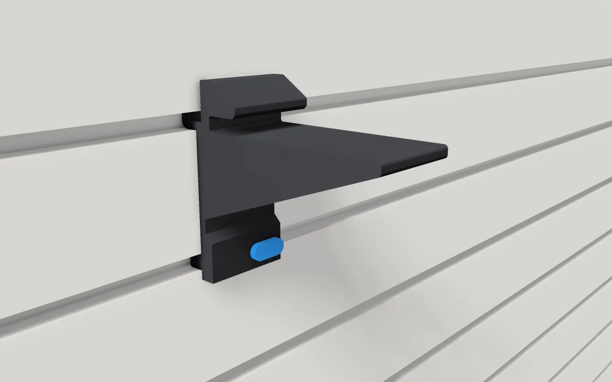 Glass-shelf rest · Deep 2 in rest on a slatwall, 3D render