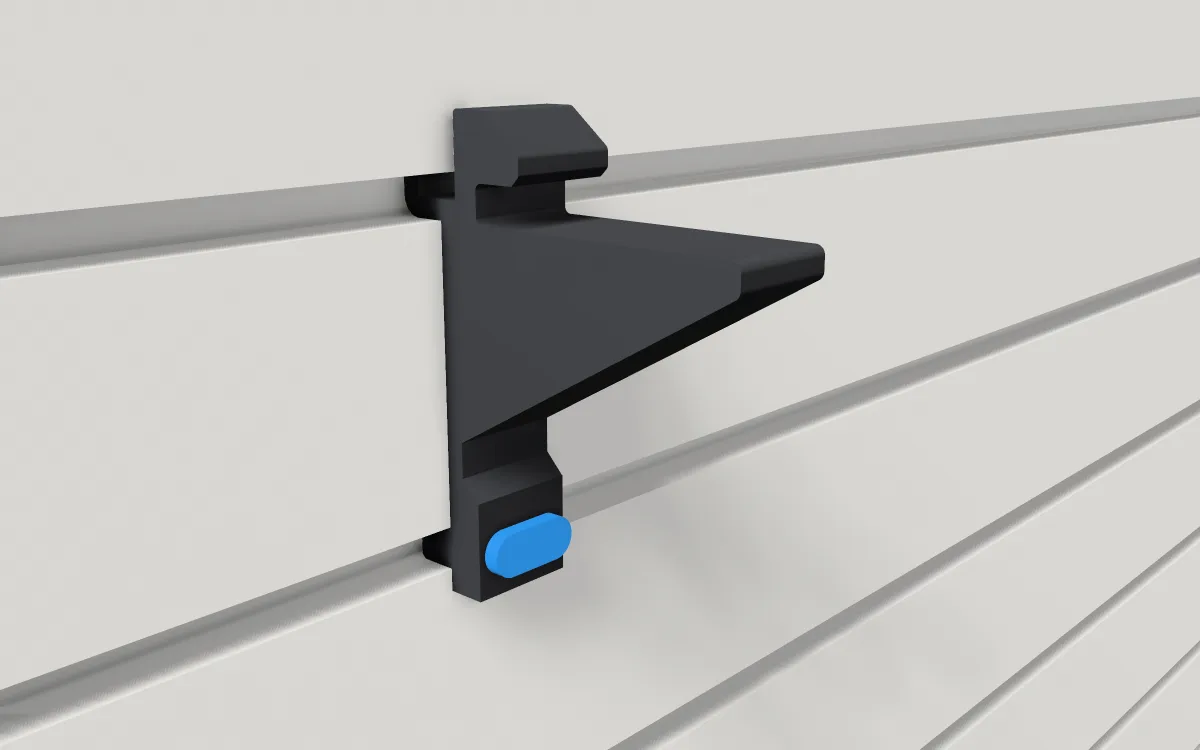 Glass-shelf rest · Quarter inch glass on a slatwall, 3D render