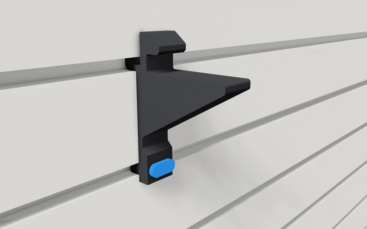 Glass-shelf rest · Three eighths inch glass on a slatwall, 3D render
