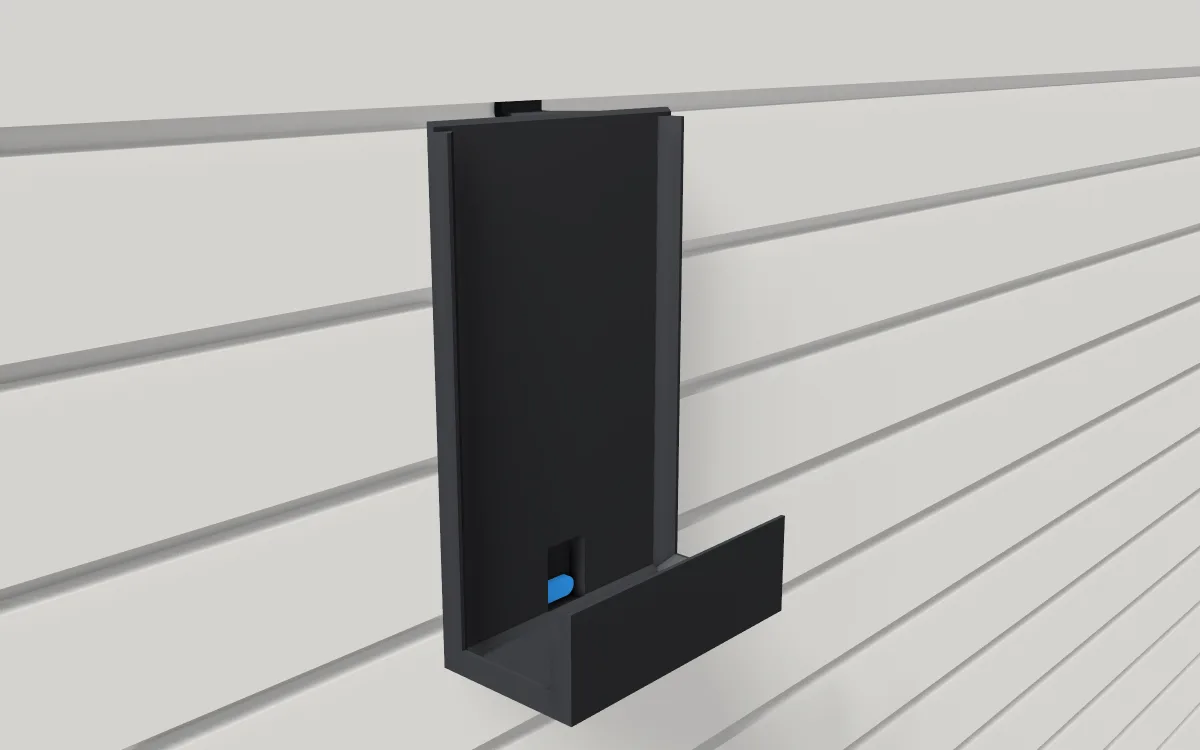 Glove-box holder · Glove box stood on end on a slatwall, 3D render