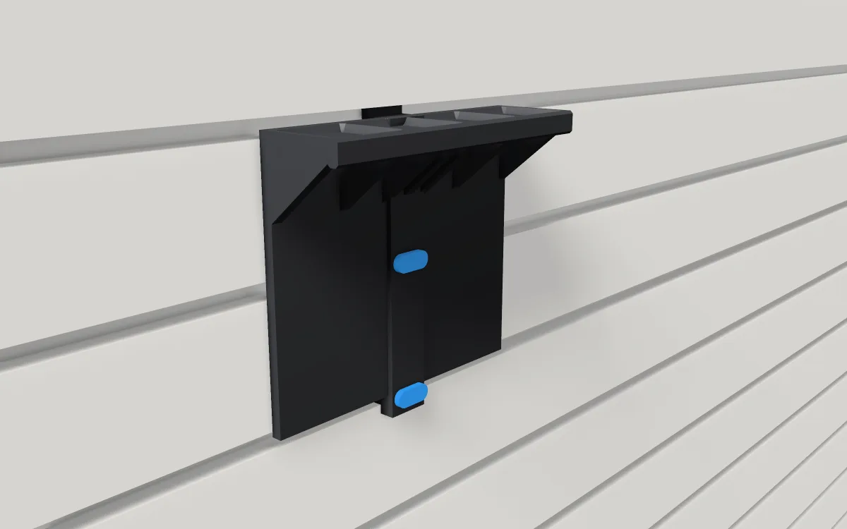 Gridfinity shelf · 4 wide on a slatwall, 3D render