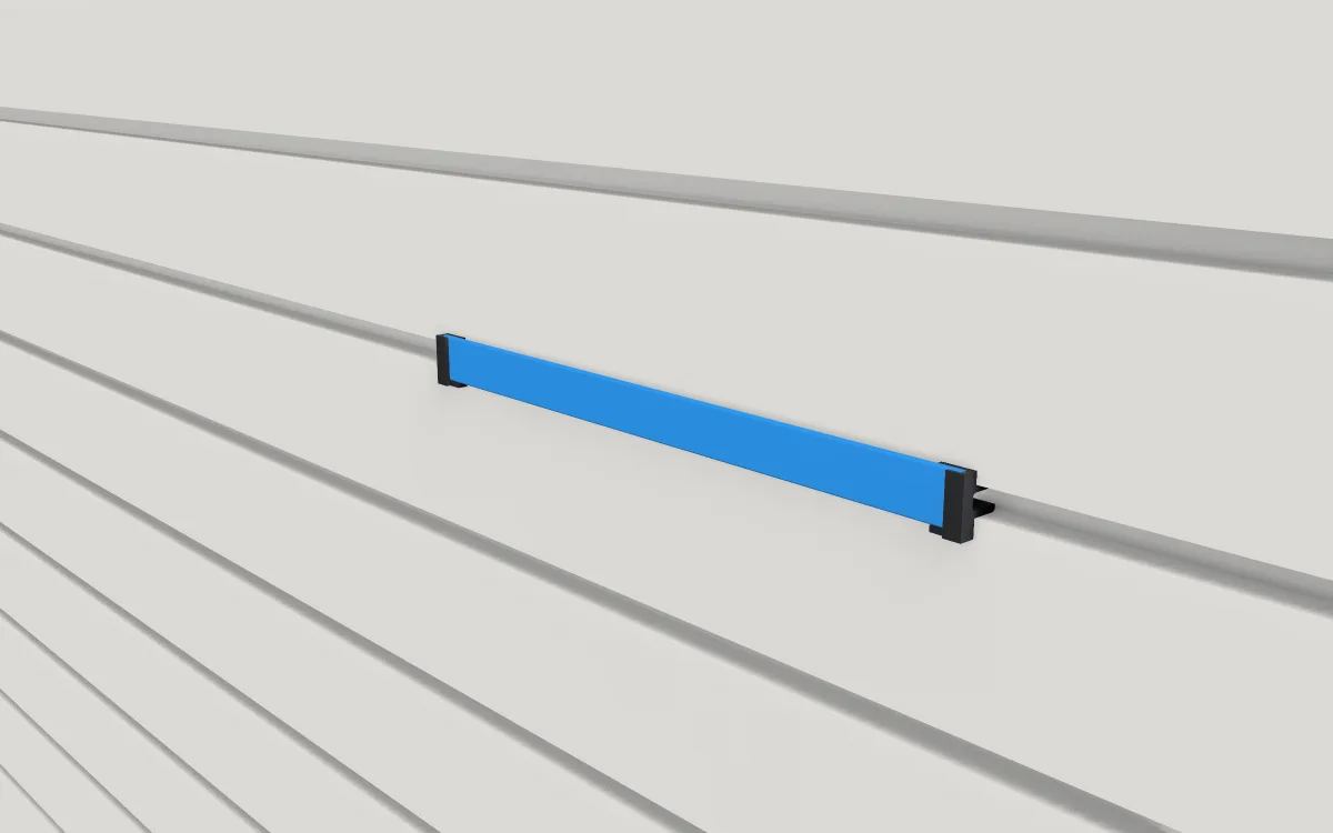 Groove filler strip · Long 250 mm on a slatwall, 3D render