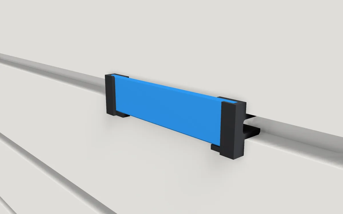 Groove filler strip · Short 76 mm on a slatwall, 3D render