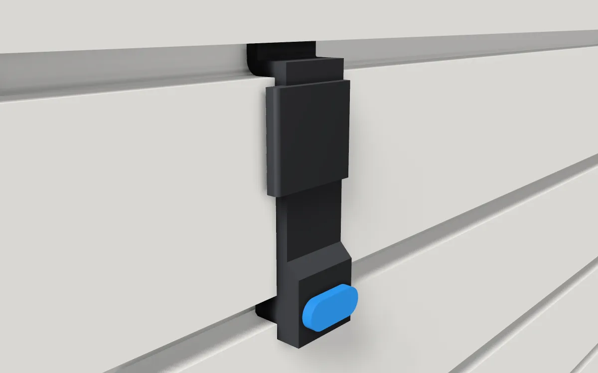 Lock for steel hooks · Stamped plate hook on a slatwall, 3D render