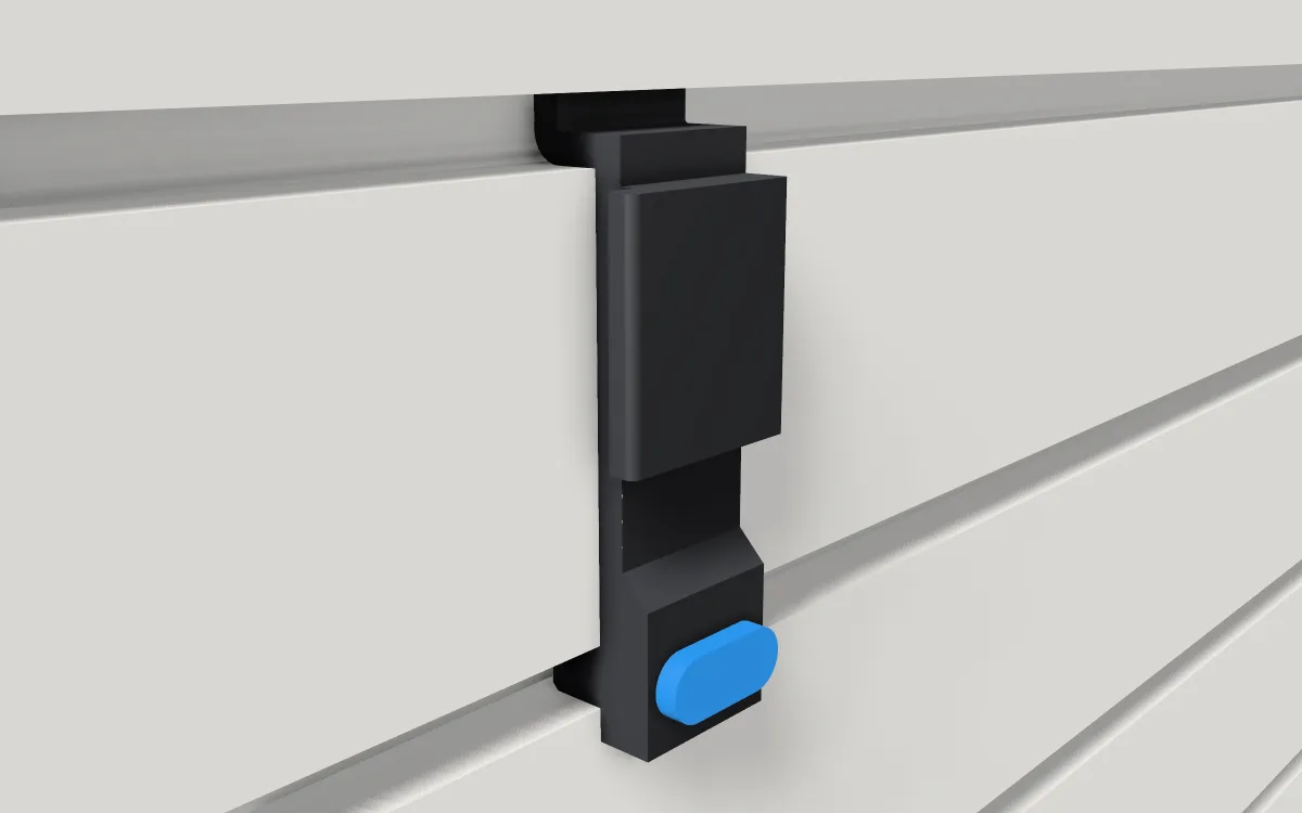 Lock for steel hooks · Wire-back hook on a slatwall, 3D render