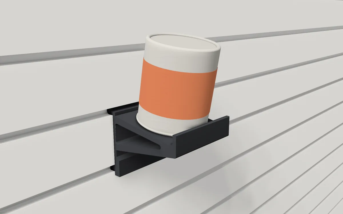 Angled paint-tin shelf on slatwall, holding a pint paint tin