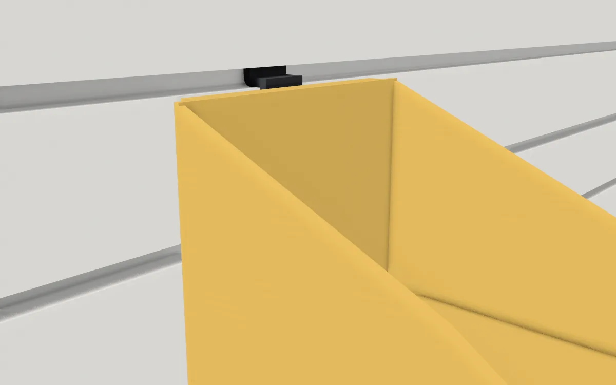 Locking bin clip on slatwall, holding a stack-and-hang bin by its lip