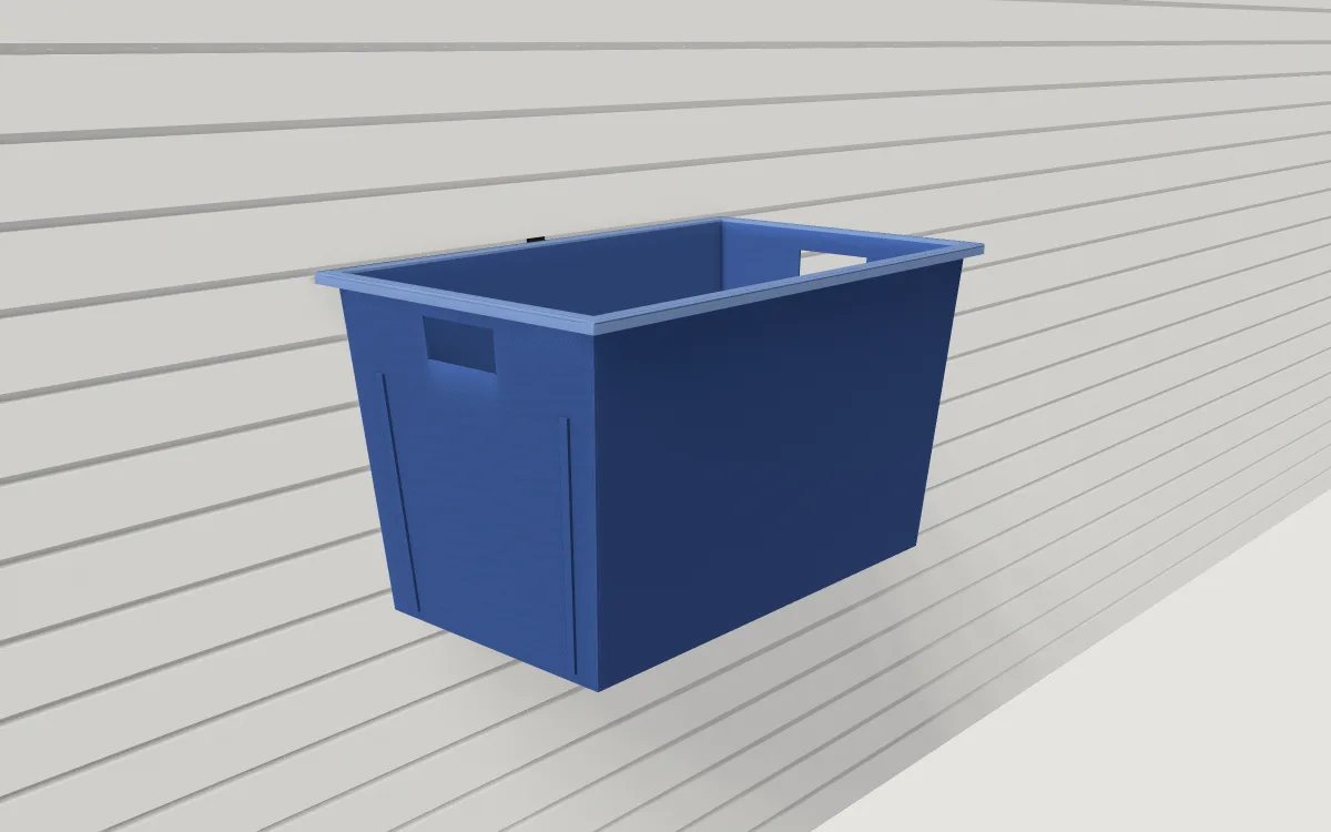 Bin hook on slatwall, holding the rim of a blue recycling tote