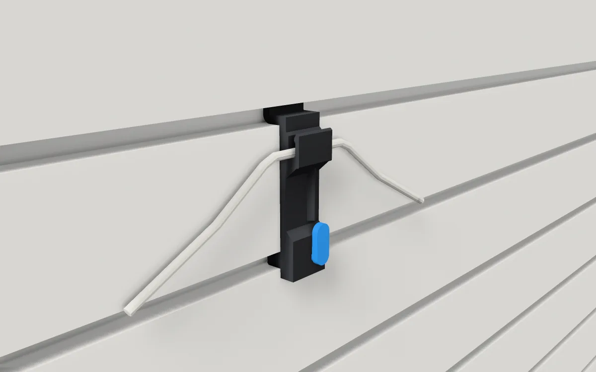 Cable clip on slatwall, holding a phone cable