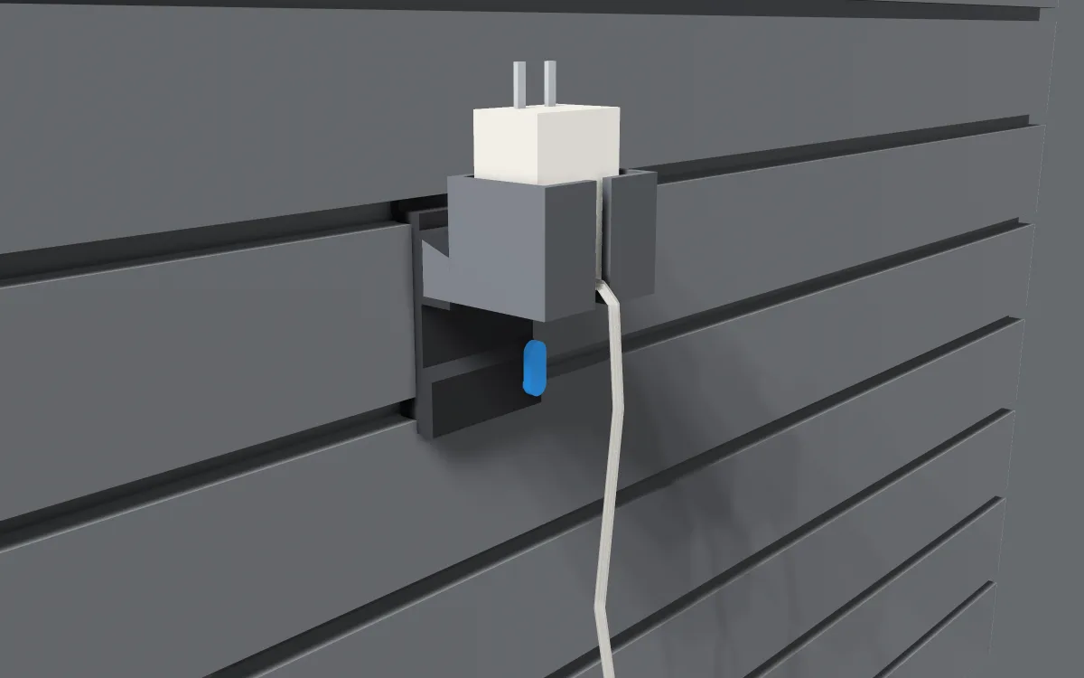 Charger cup on slatwall, holding a phone charger and its cord