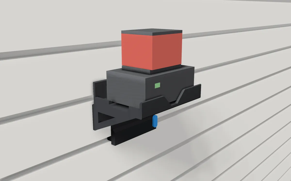 Power-tool charger tray on slatwall, holding a charger with a battery