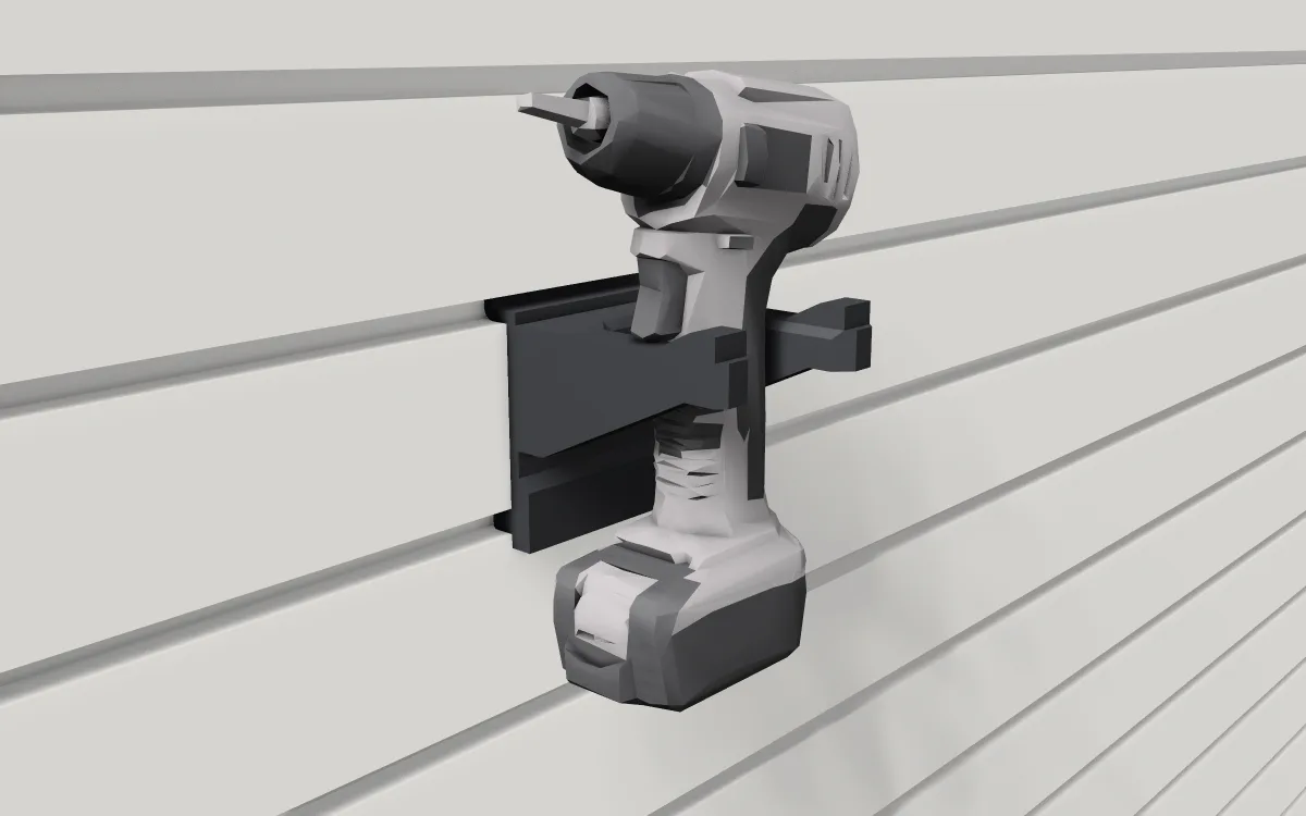 Drill holster on slatwall, holding a cordless drill