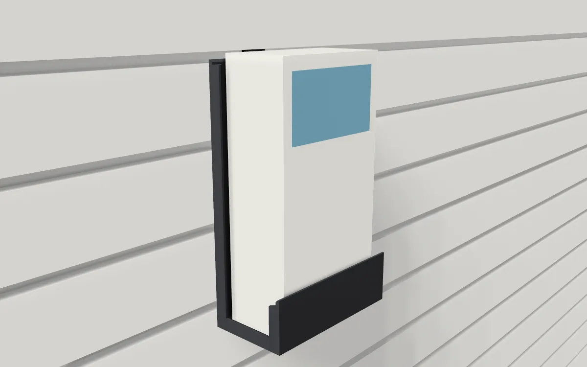 Glove-box holder on slatwall, holding a box of gloves