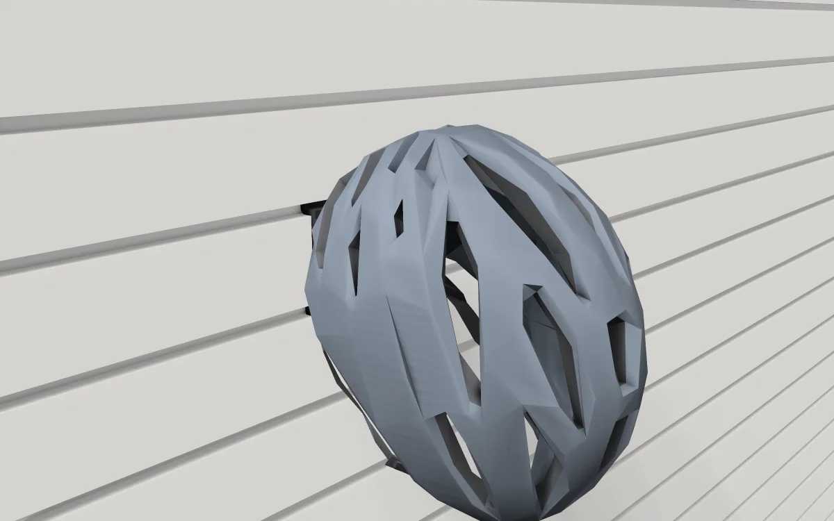 Helmet holder on slatwall, holding a bike helmet