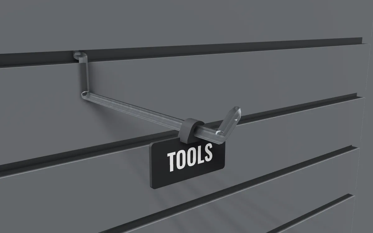 Label flag for steel hooks on slatwall, clipped on a wire hook near its tip