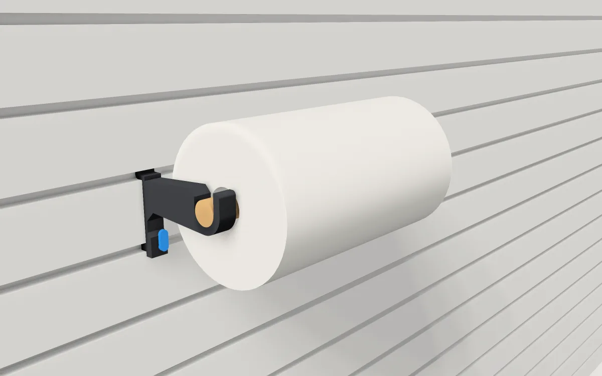 Paper-towel holder on slatwall, holding a kitchen roll on a dowel