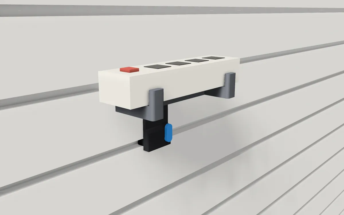 Power-strip cradle on slatwall, holding a power strip