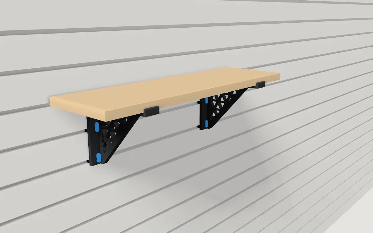 Shelf brackets on slatwall, a pair holding a shelf board