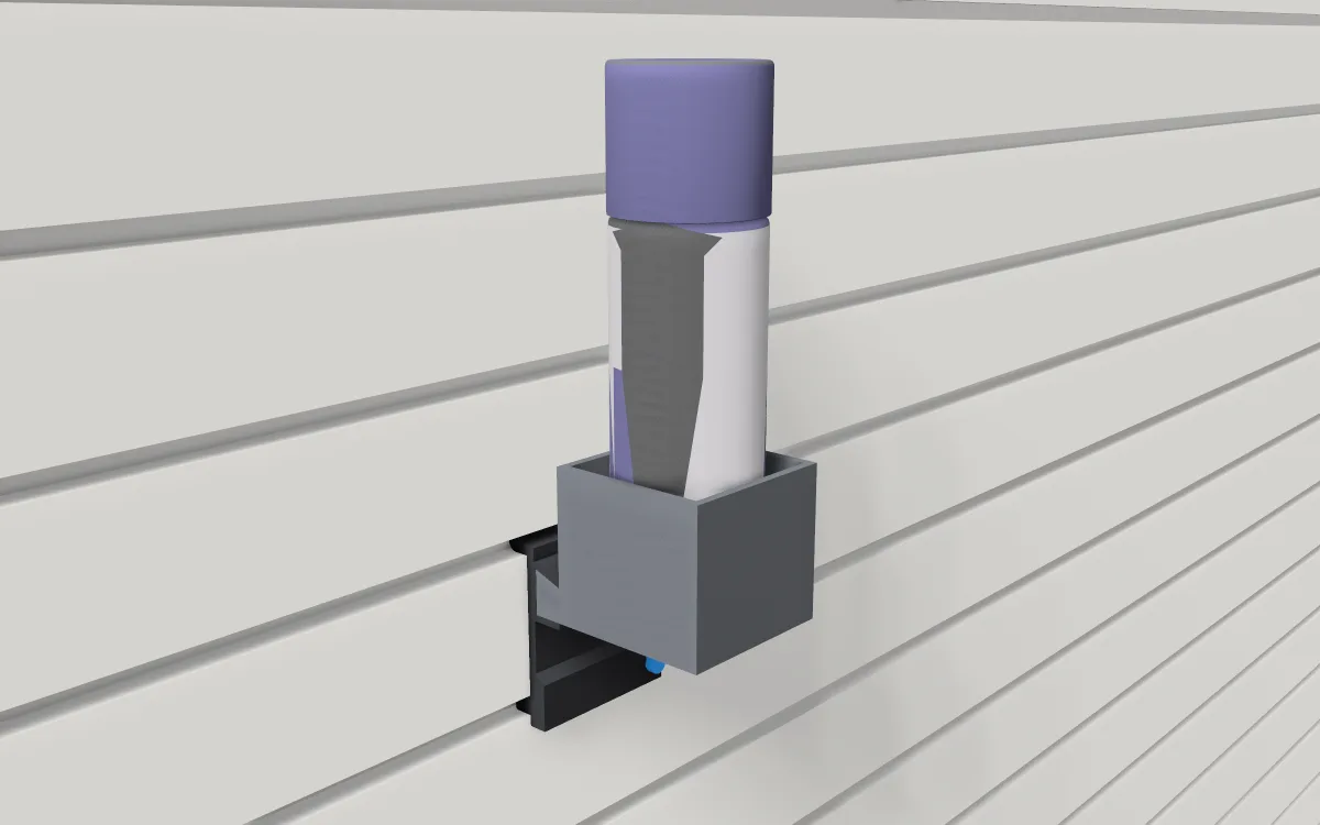 Spray-can cup on slatwall, holding a spray can