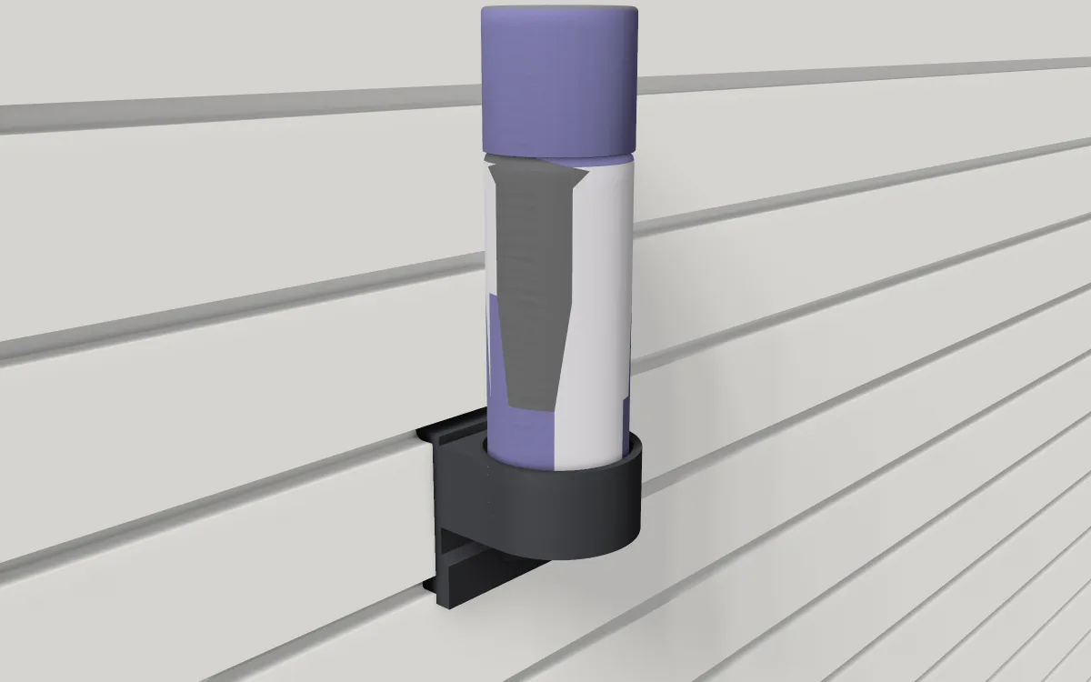 Spray-can holder on slatwall, holding a spray can