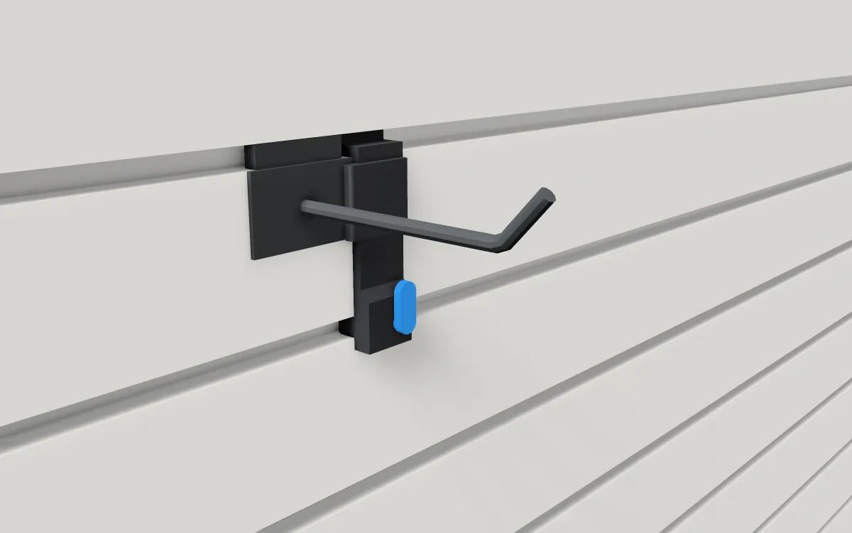 Lock for steel hooks on slatwall, locking a stamped plate hook