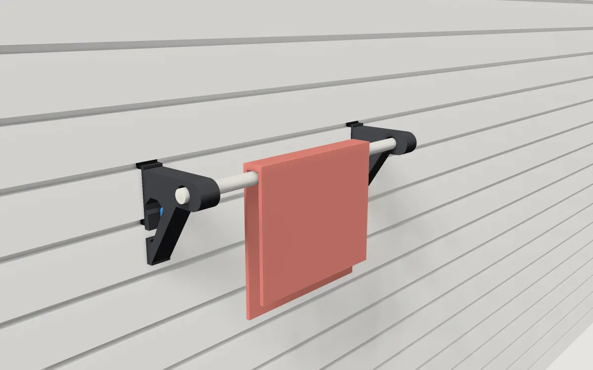 Apron & towel rail brackets on slatwall, a pair holding a rail with a towel