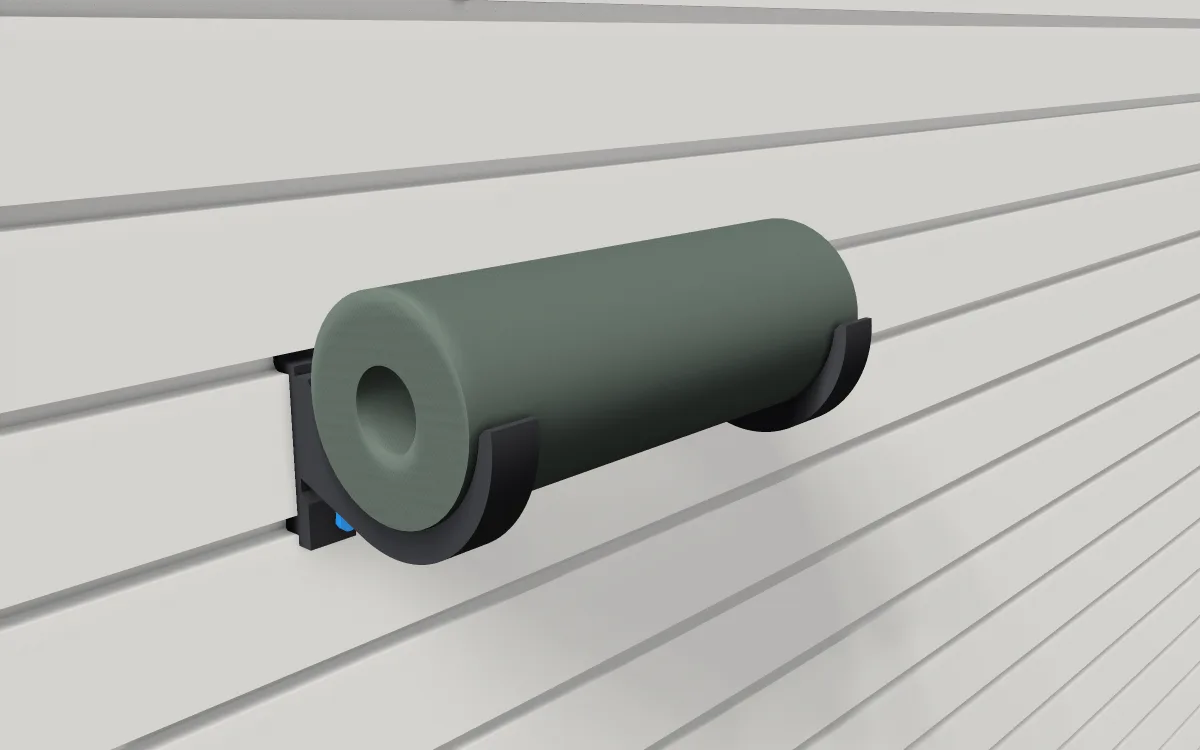 Trash-bag roll holder on slatwall, holding a roll of trash bags