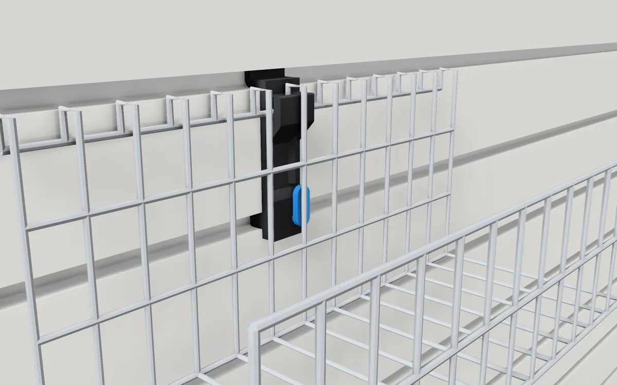 Locking wire-rack clip on slatwall, holding a wire basket