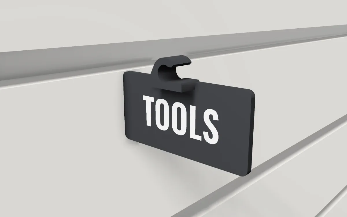 Label flag for steel hooks · 4.8 mm wire on a slatwall, 3D render