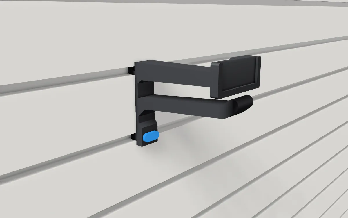 Scanner hook with label flag · Long peg wide flag on a slatwall, 3D render