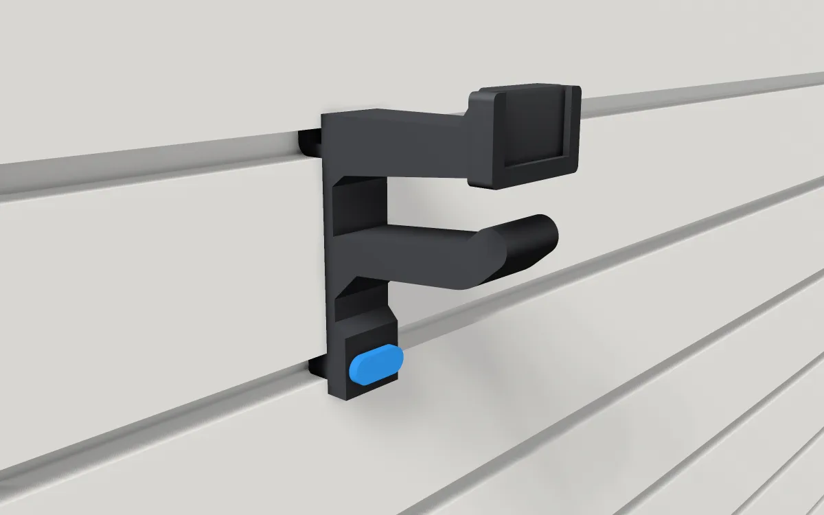 Scanner hook with label flag · Short peg on a slatwall, 3D render