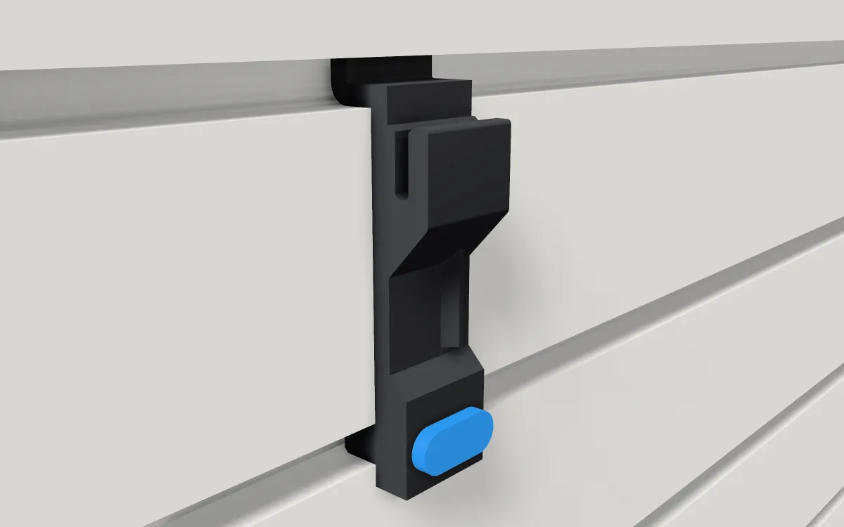Locking bin clip · Hanging bin lip on a slatwall, 3D render