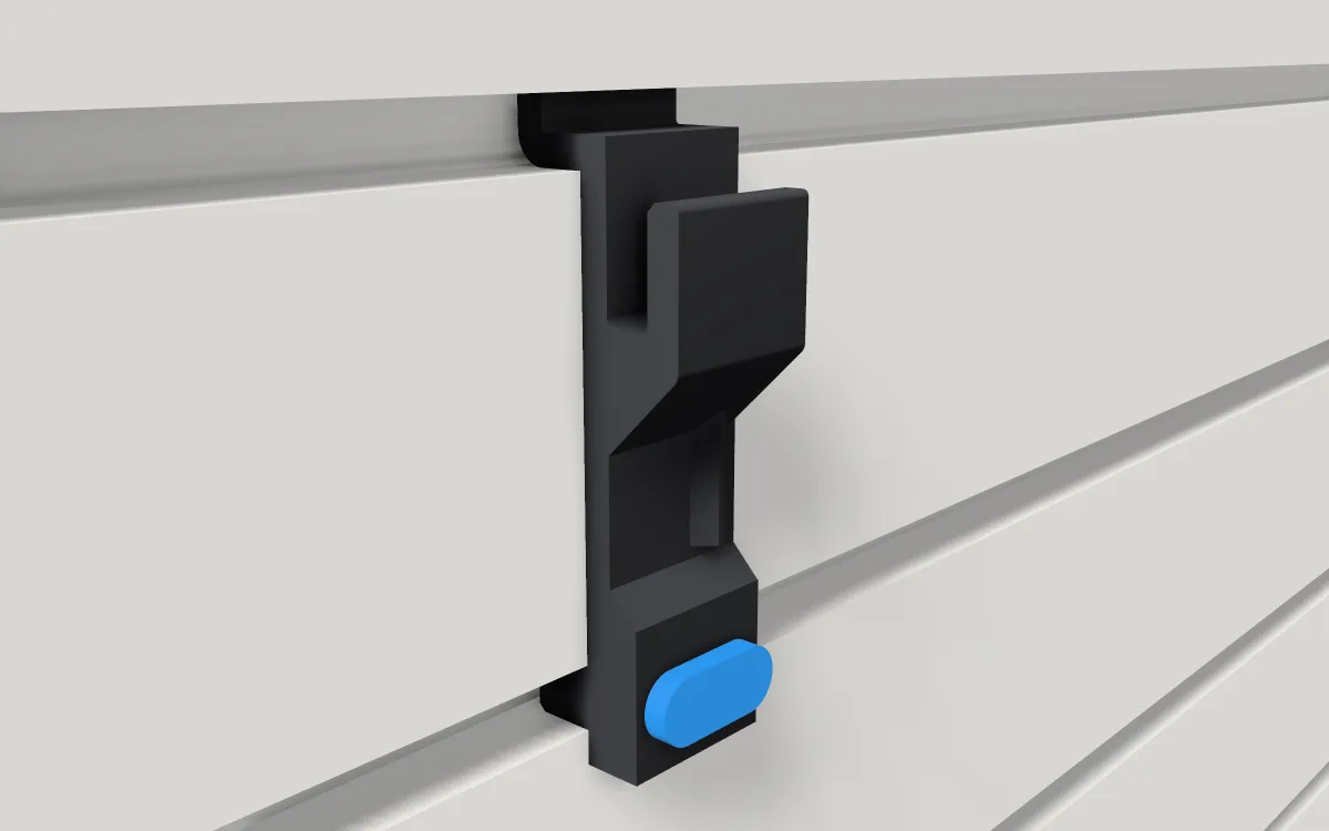 Locking wire-rack clip · Heavy wire rack on a slatwall, 3D render