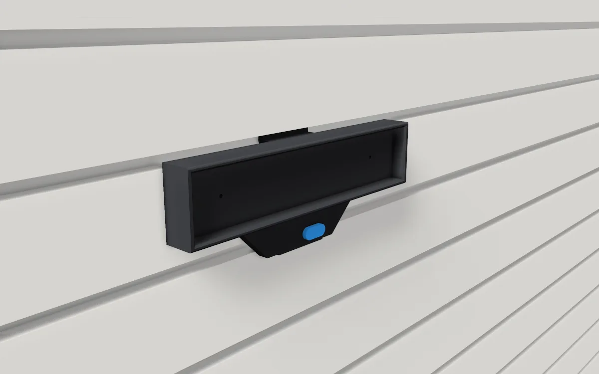 Magnetic tool bar · 9 in strip 45 by 14 mm on a slatwall, 3D render