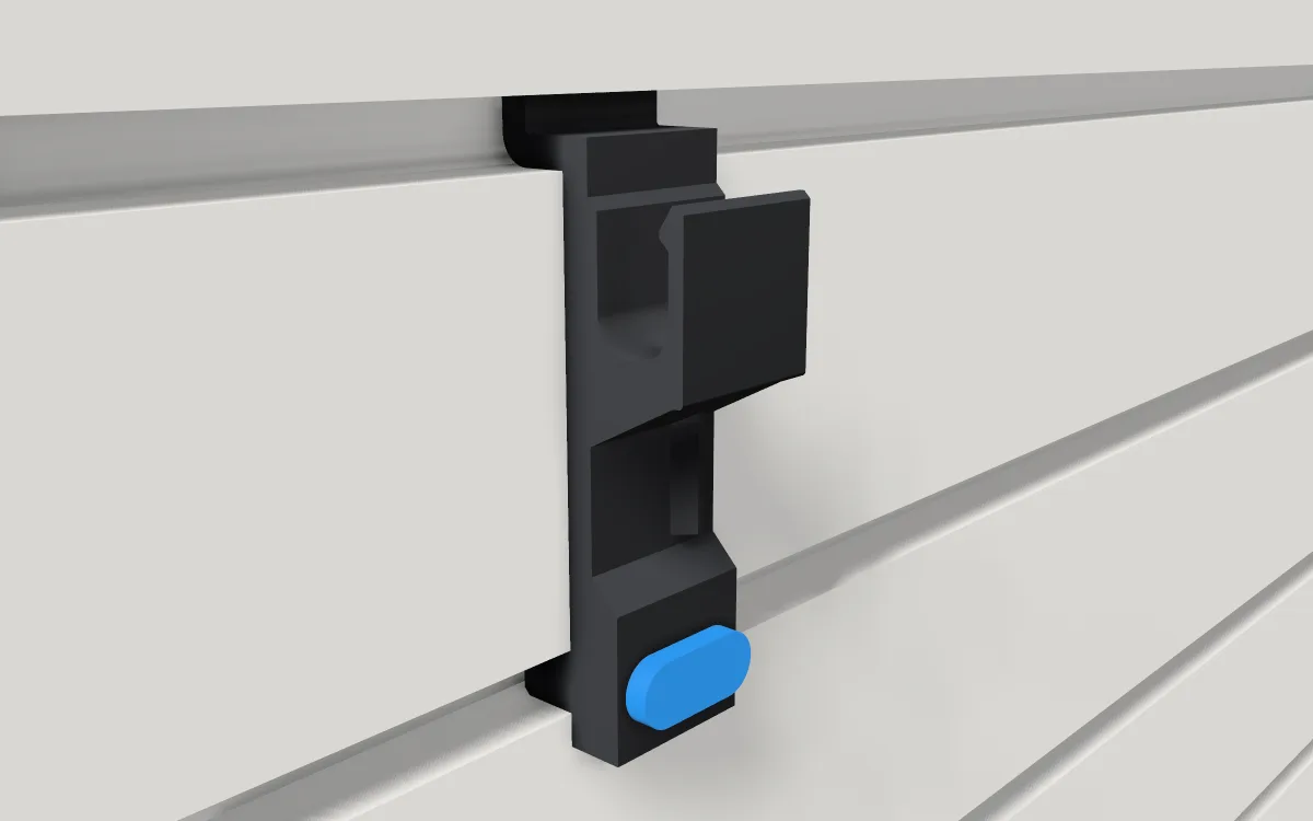 Cable clip · Thick cord on a slatwall, 3D render